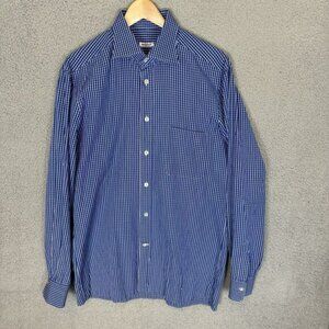 Kiton Dress Shirt Mens L Blue Check Long Sleeve Button Up Cotton